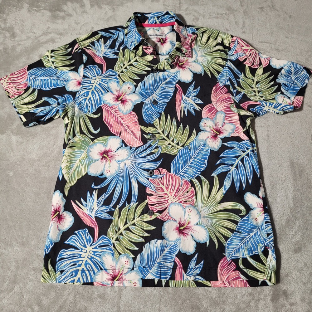 Tommy Bahama Floral Hawaiian Shirt Mens Medium Tropical Pink Blue Palm Tree‎